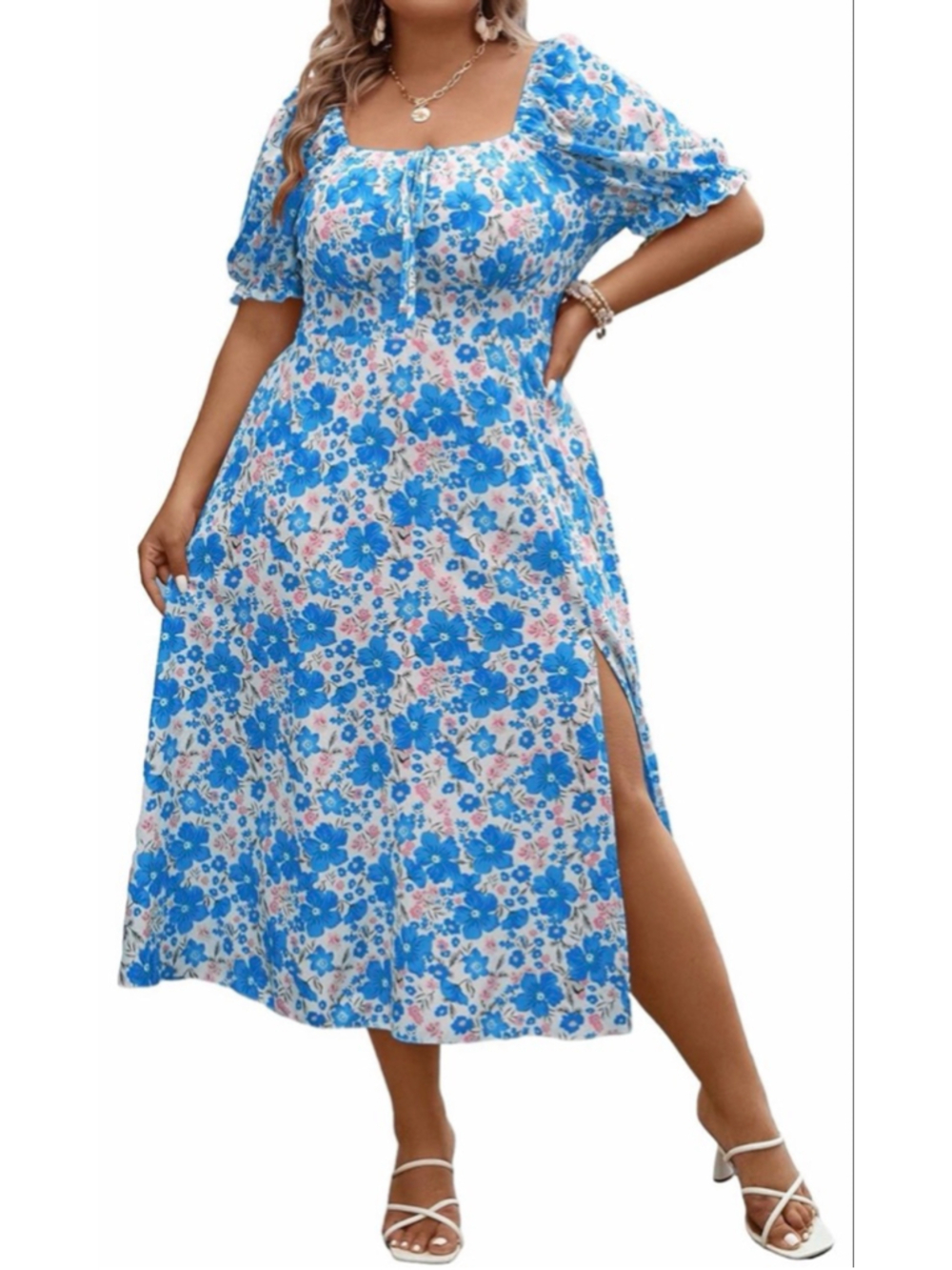 NEW Floerns Plus Size Floral Print Tie Front Square Neck Slit Hem Midi Dress 4X